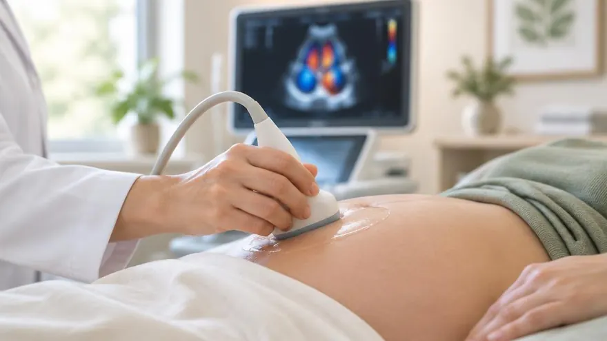 Ecocardiograma fetal com imagem colorida do coração do bebê